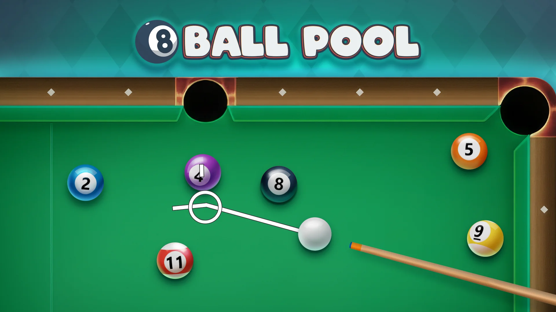 8 Ball Pool close-up shot line preparing for a corner pocket