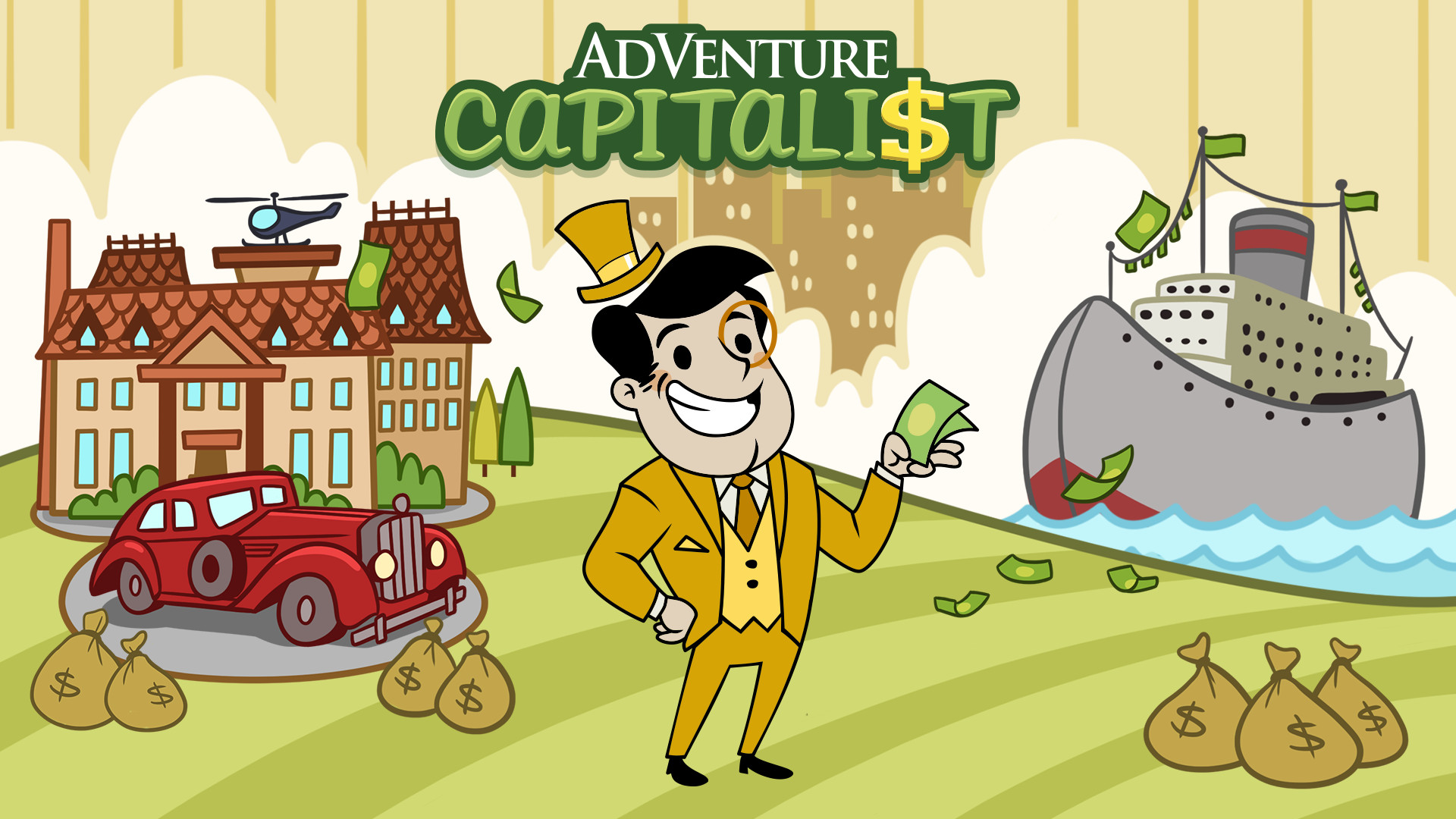 The business list in AdVenture Capitalist with profit timers running