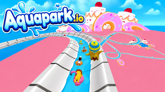 Aquapark.io racers sliding down a winding blue waterslide toward the pool