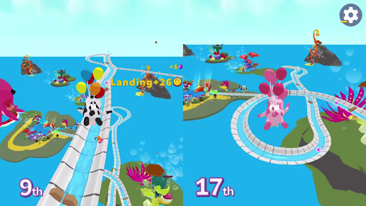 Player flying off the edge of the Aquapark.io waterslide to skip a corner