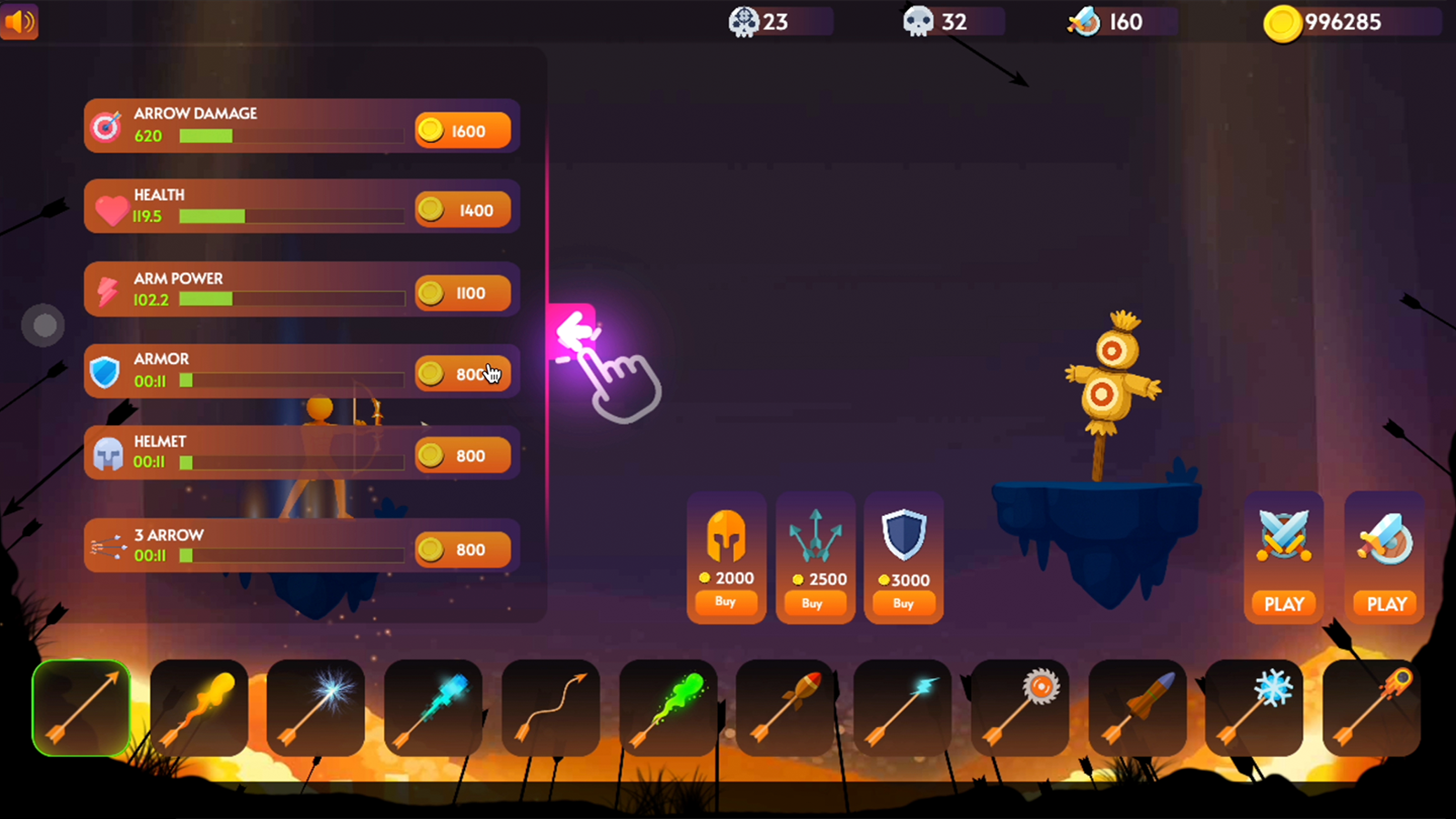 Archers Random arrow types and strategic gameplay elements