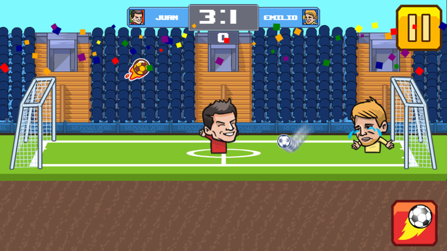 Bobblehead Soccer action with powerups and competitive matches