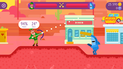 Two Bowmasters characters facing off across a gap, one mid-throw