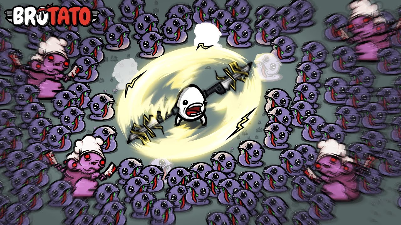 A potato surrounded by alien enemies while six weapons auto-fire in Brotato