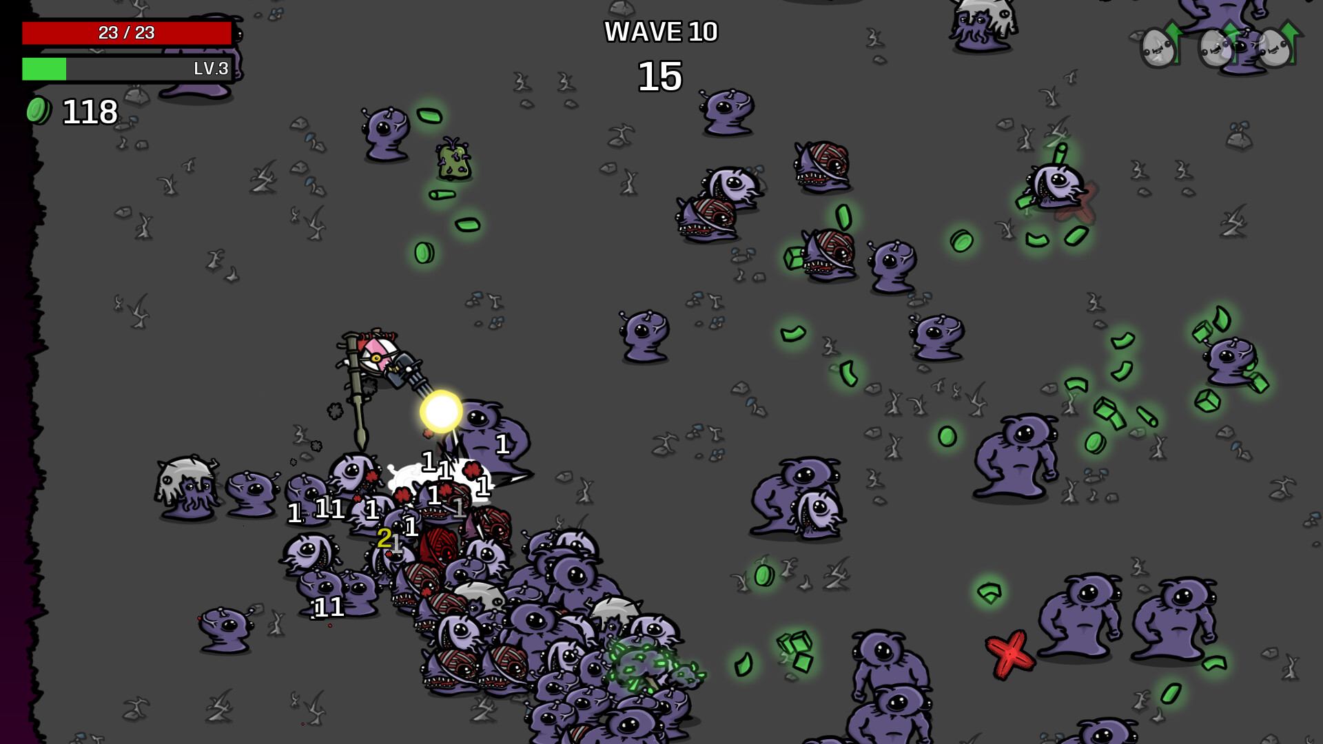 The Brotato shop screen showing items, rerolls and stat upgrades between waves