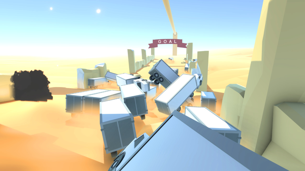 First-person view leaping between speeding trucks in Clustertruck