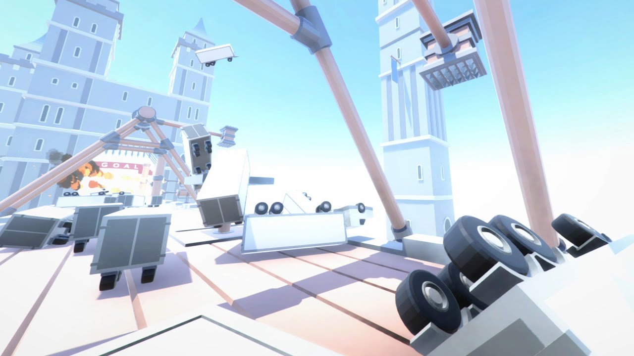 Trucks colliding and flying through the air in Clustertruck
