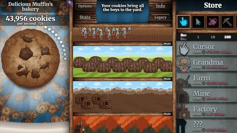 Cookie Clicker giant cookie interface with upgrade bar