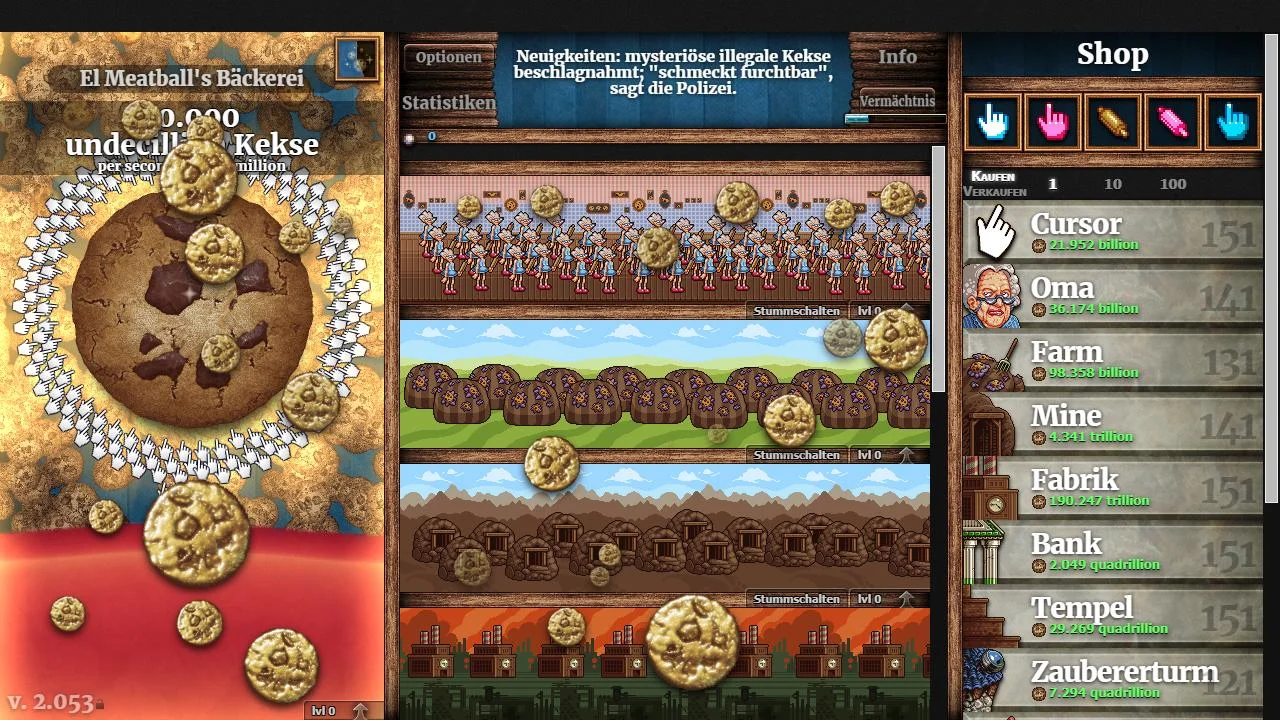 Cookie Clicker production screen with buildings and upgrades