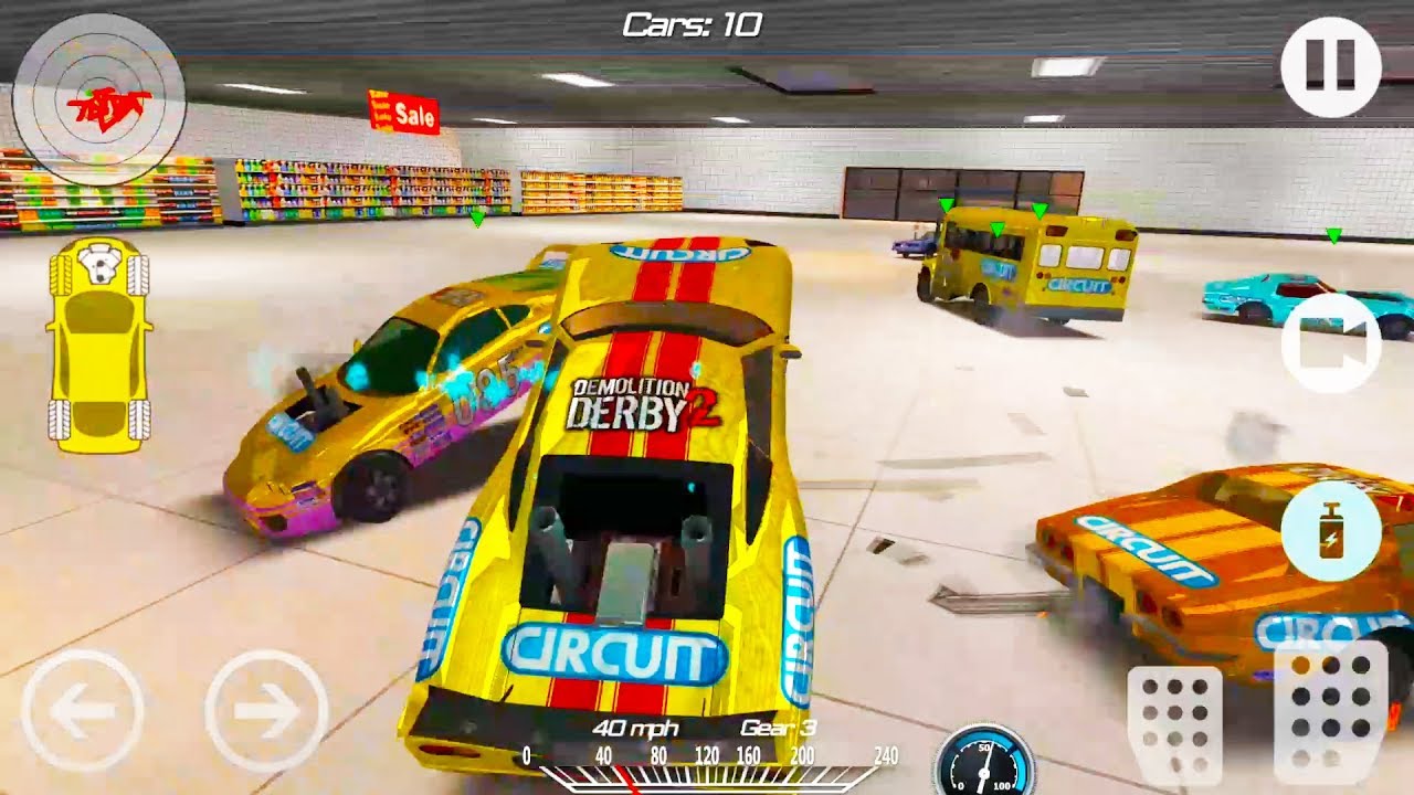 Demolition Derby 2 car combat in the arena with crushing crashes and colorful cars