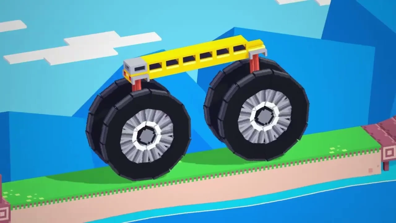 Drive Mad difficult level with multiple stacked obstacles and vehicle launched in air