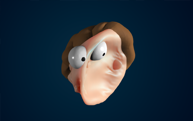 Close-up of the stretched face and tracking eyes in Elastic Man