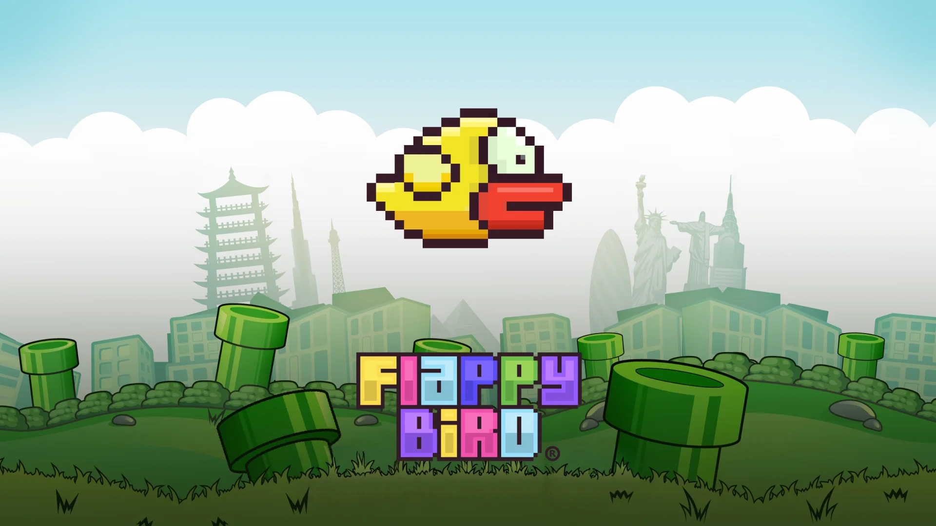 Flappy Bird navigating between green pipes in the classic pixel-art style