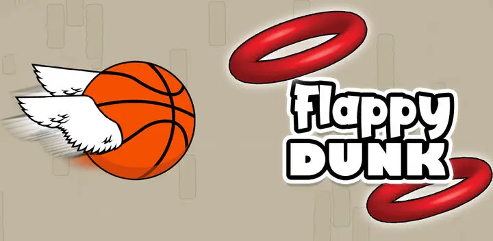 A winged basketball flapping toward a hoop in Flappy Dunk