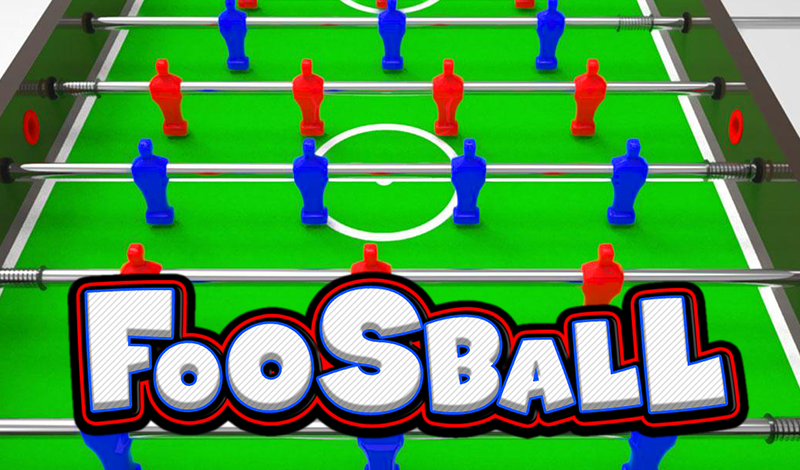 Foosball gameplay with players controlling rods to score goals in table football match