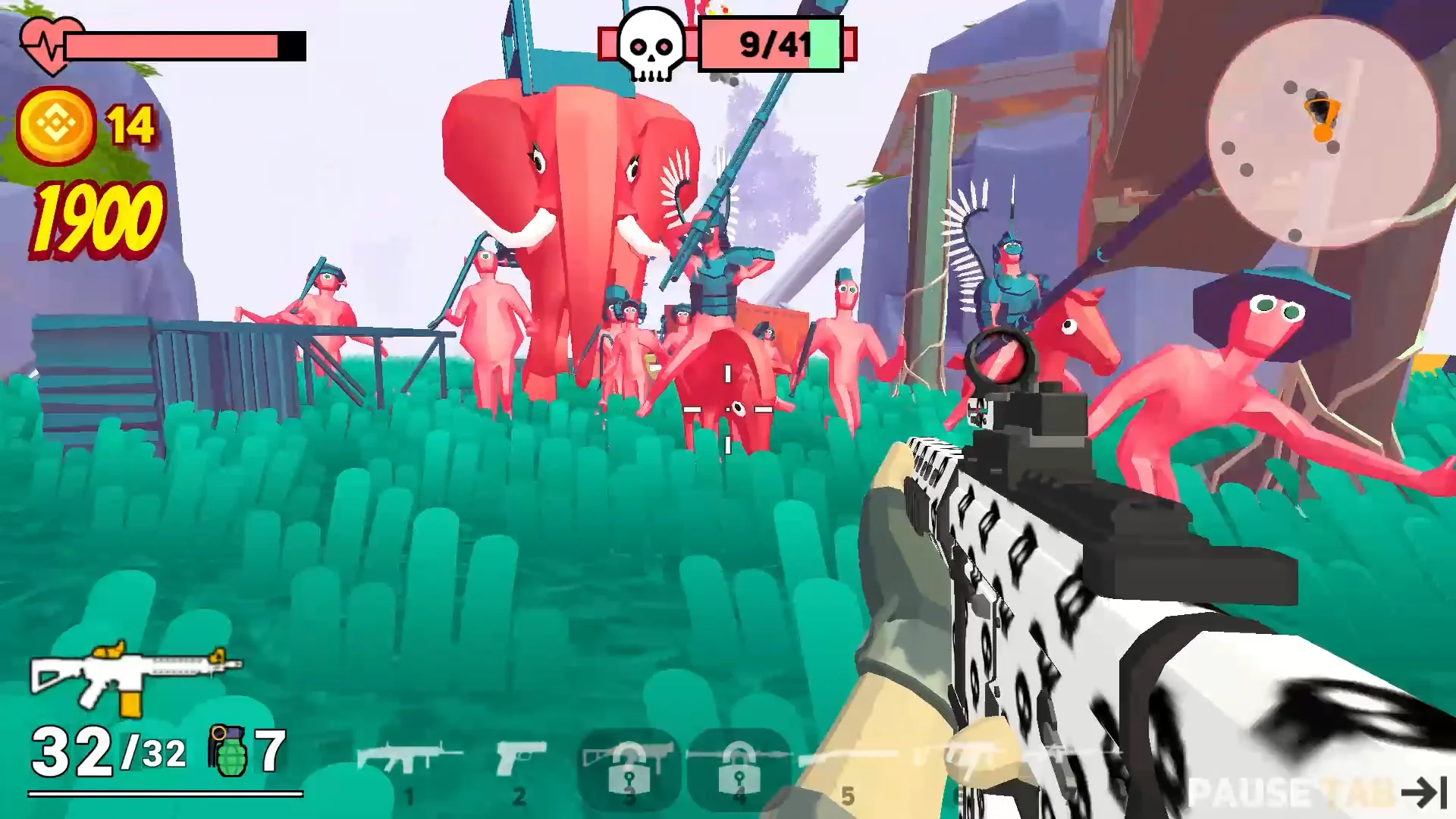 Funny Shooter 2 player mid-wave with multiple enemy types approaching