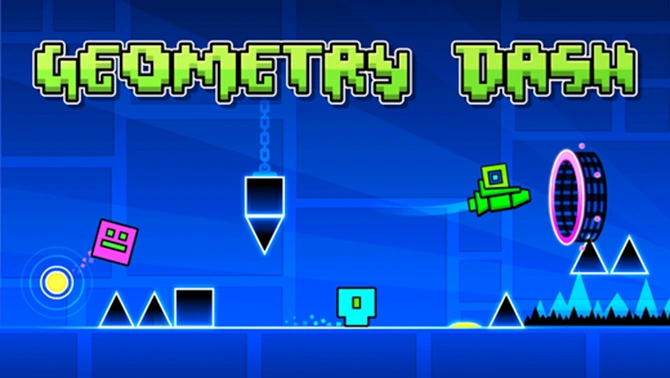 Geometry Dash cube icon jumping over spikes in sync with the music beat