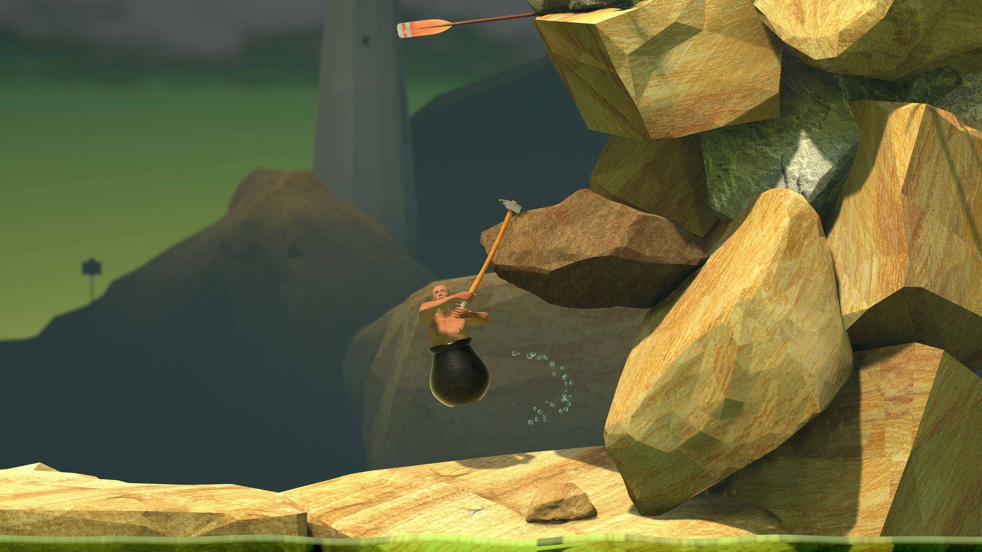 Diogenes in his cauldron swinging the Yosemite hammer up a rock face in Getting Over It