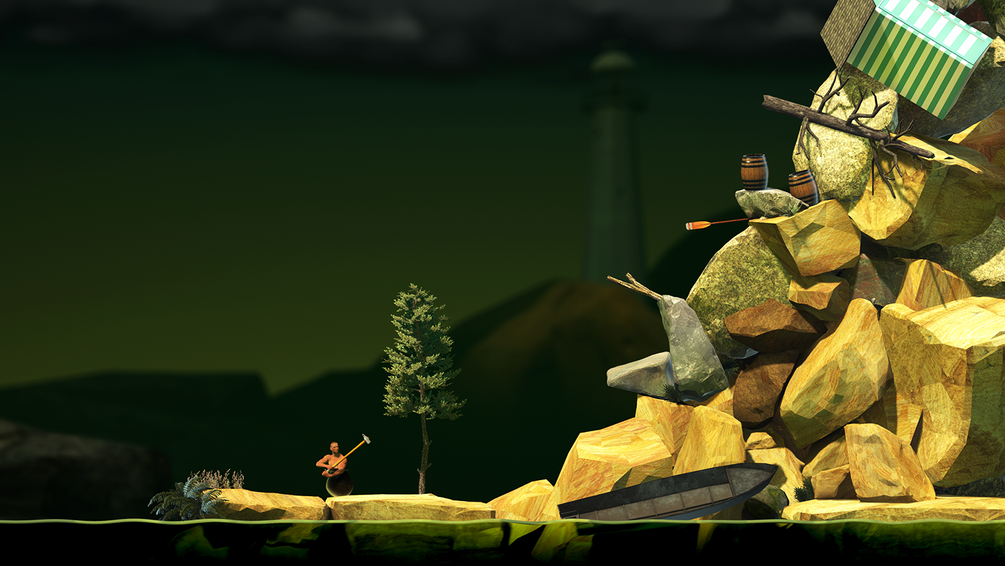 The junk mountain of stacked furniture and debris in Getting Over It with Bennett Foddy