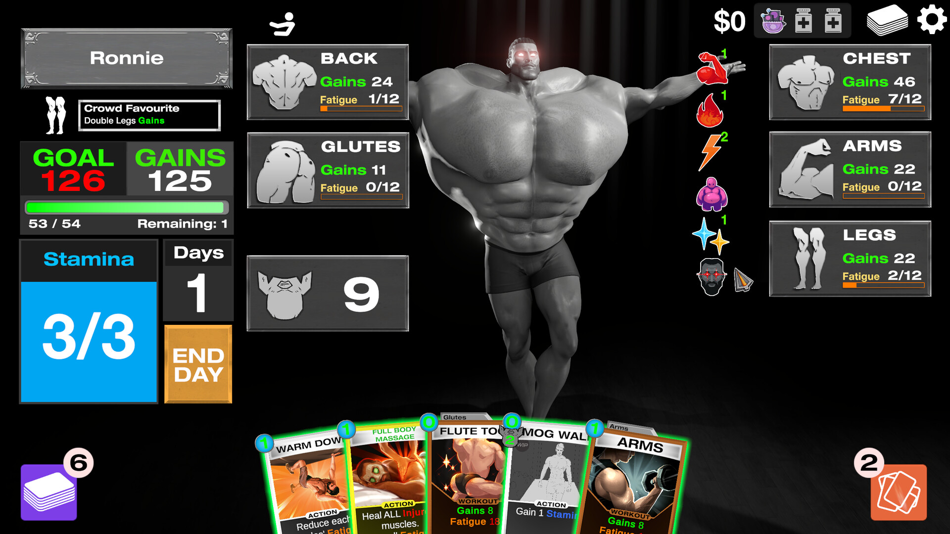 Playing workout cards to build muscle in Get Yoked