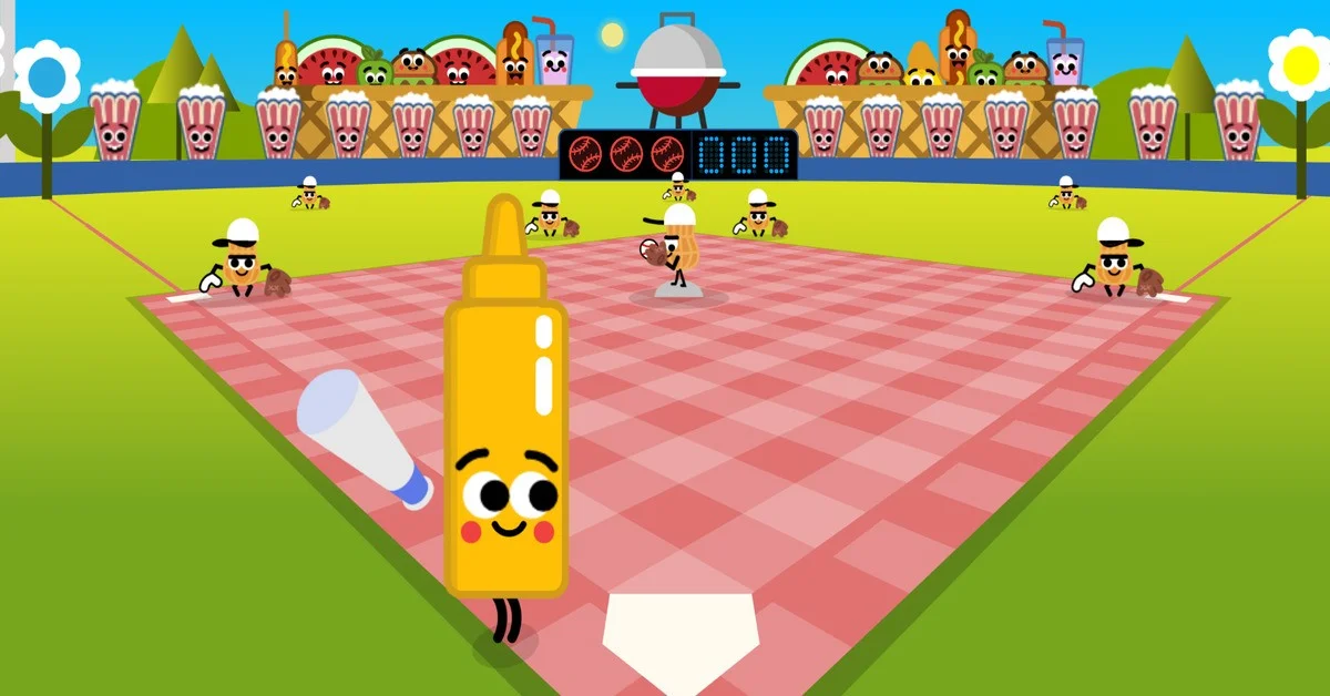 Google Doodle Baseball batter facing a hotdog pitcher at home plate