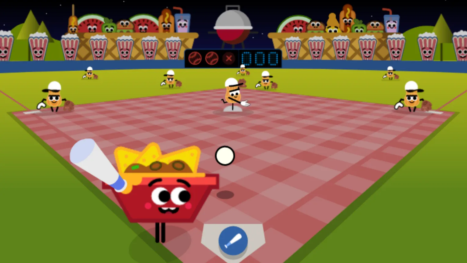 Google Doodle Baseball home run hit launching the ball over the outfield fence