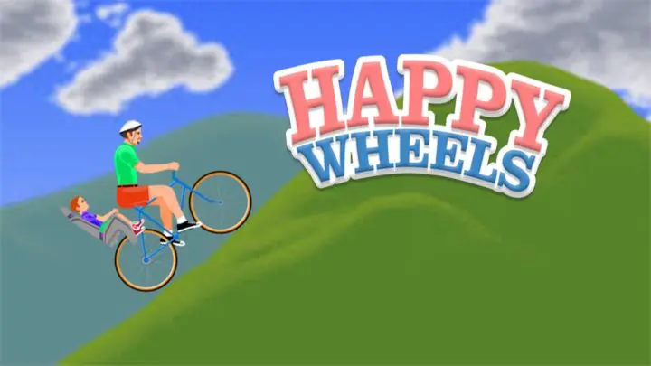 Happy Wheels character balancing through a high-risk physics section