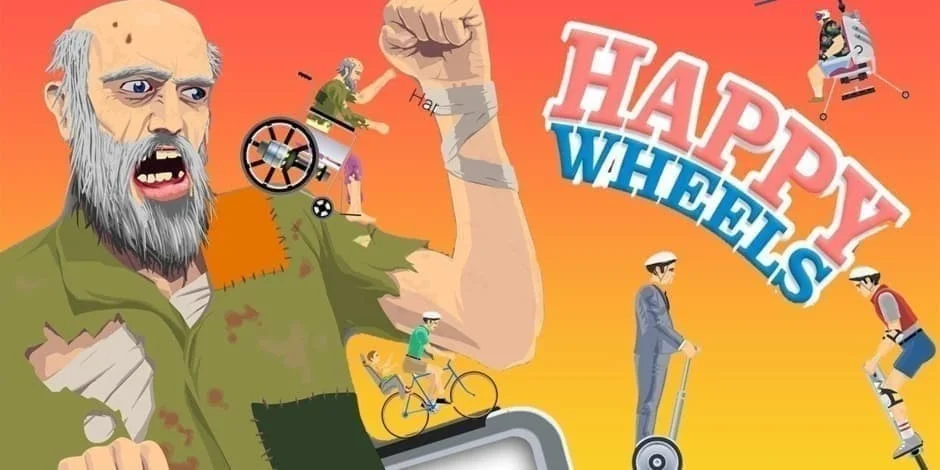 Happy Wheels obstacle run with dangerous traps and narrow landings