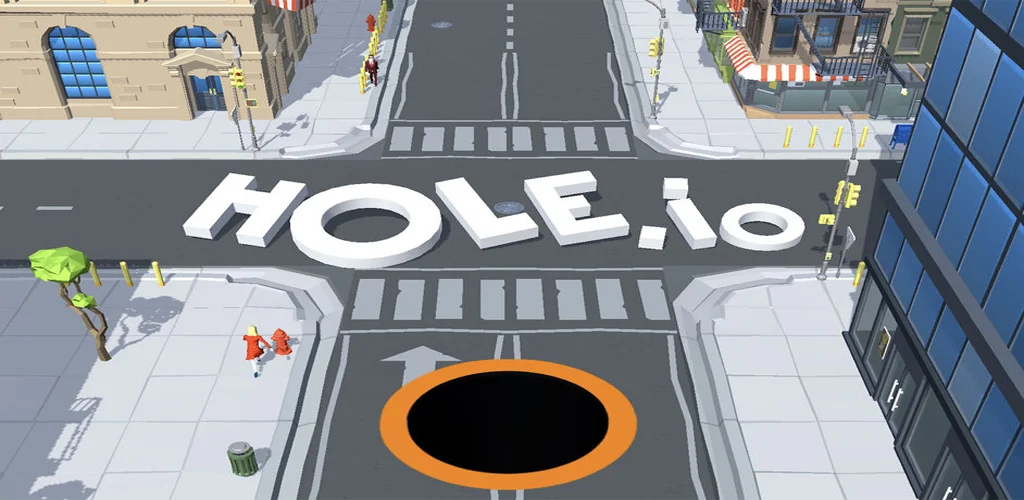 Hole.io black hole consuming objects in city streets