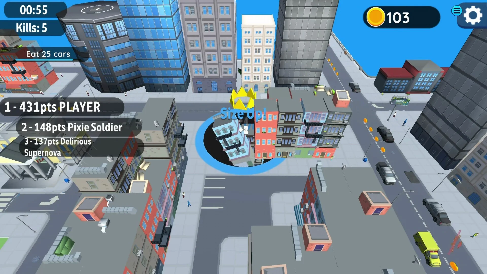 Hole.io late match with large hole consuming big structures