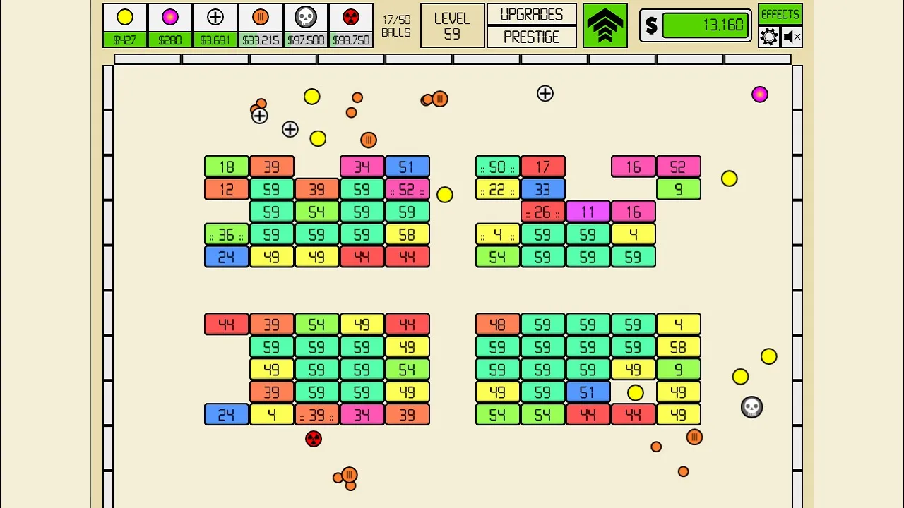 Idle Breakout multiple ball types bouncing across a colorful brick grid