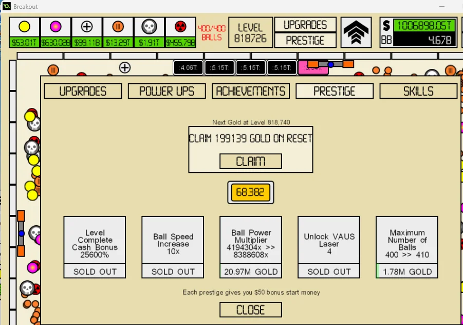 Idle Breakout prestige upgrade screen and gold spending strategy