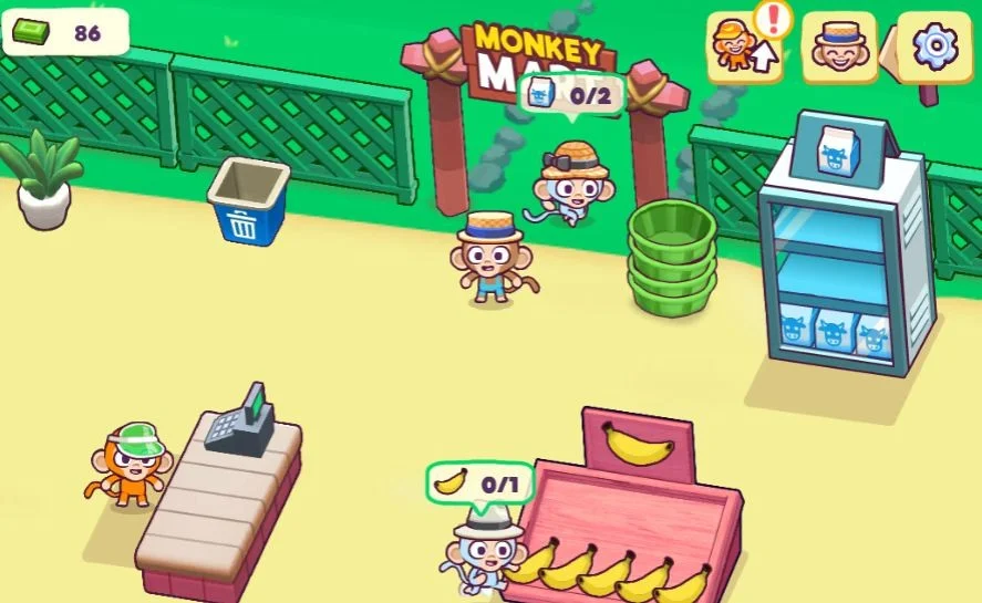 Monkey Mart gameplay showing a monkey stocking shelves with bananas for customers