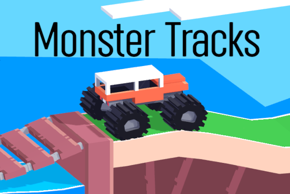 Monster Tracks truck climbing over a log on a blocky obstacle track