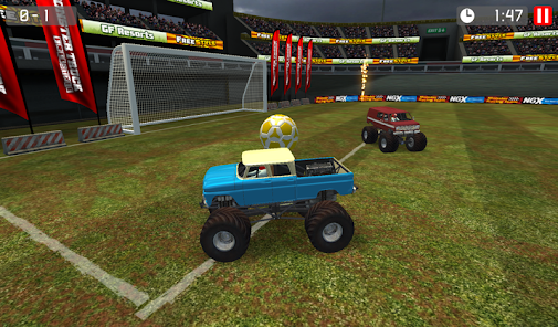 Monster Truck Soccer gameplay showing monster trucks battling for the ball in off-road soccer arenas