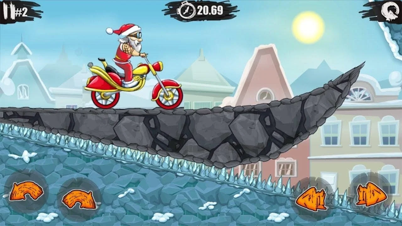 Moto X3M Winter stunt course with icy ramps and holiday obstacles