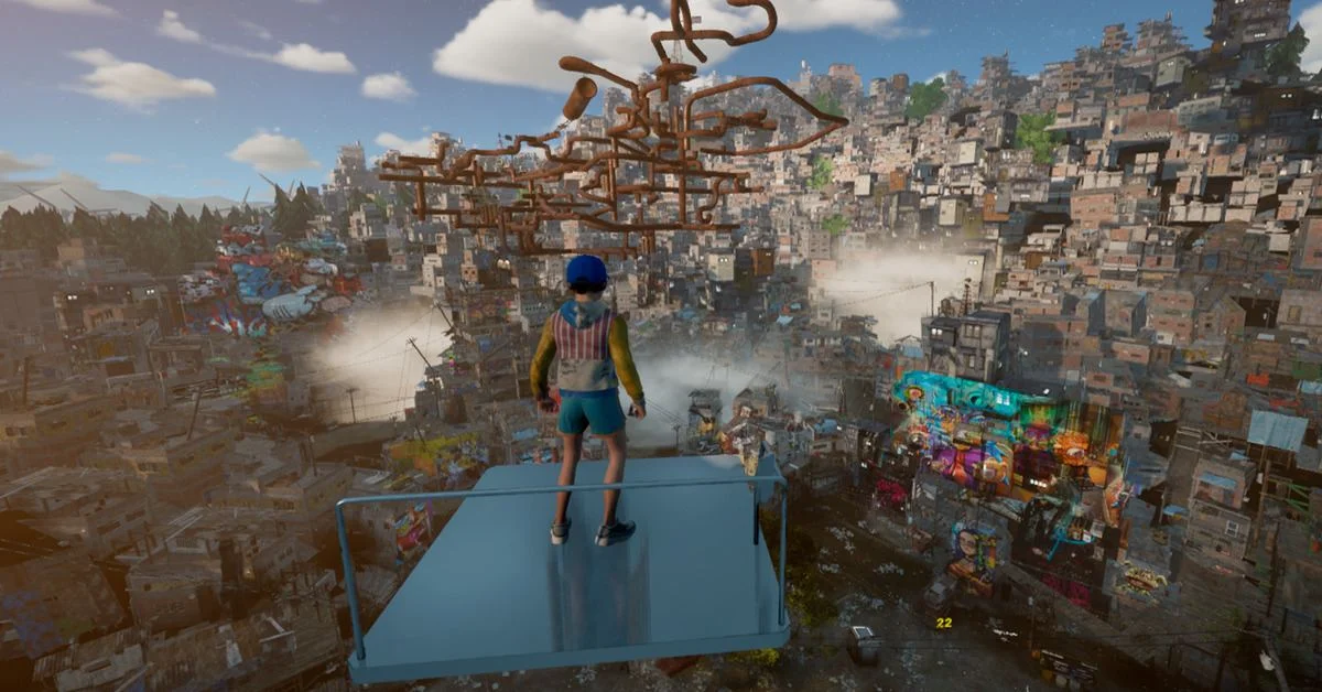 Only Up character on a high-altitude floating platform section with visible fall risk