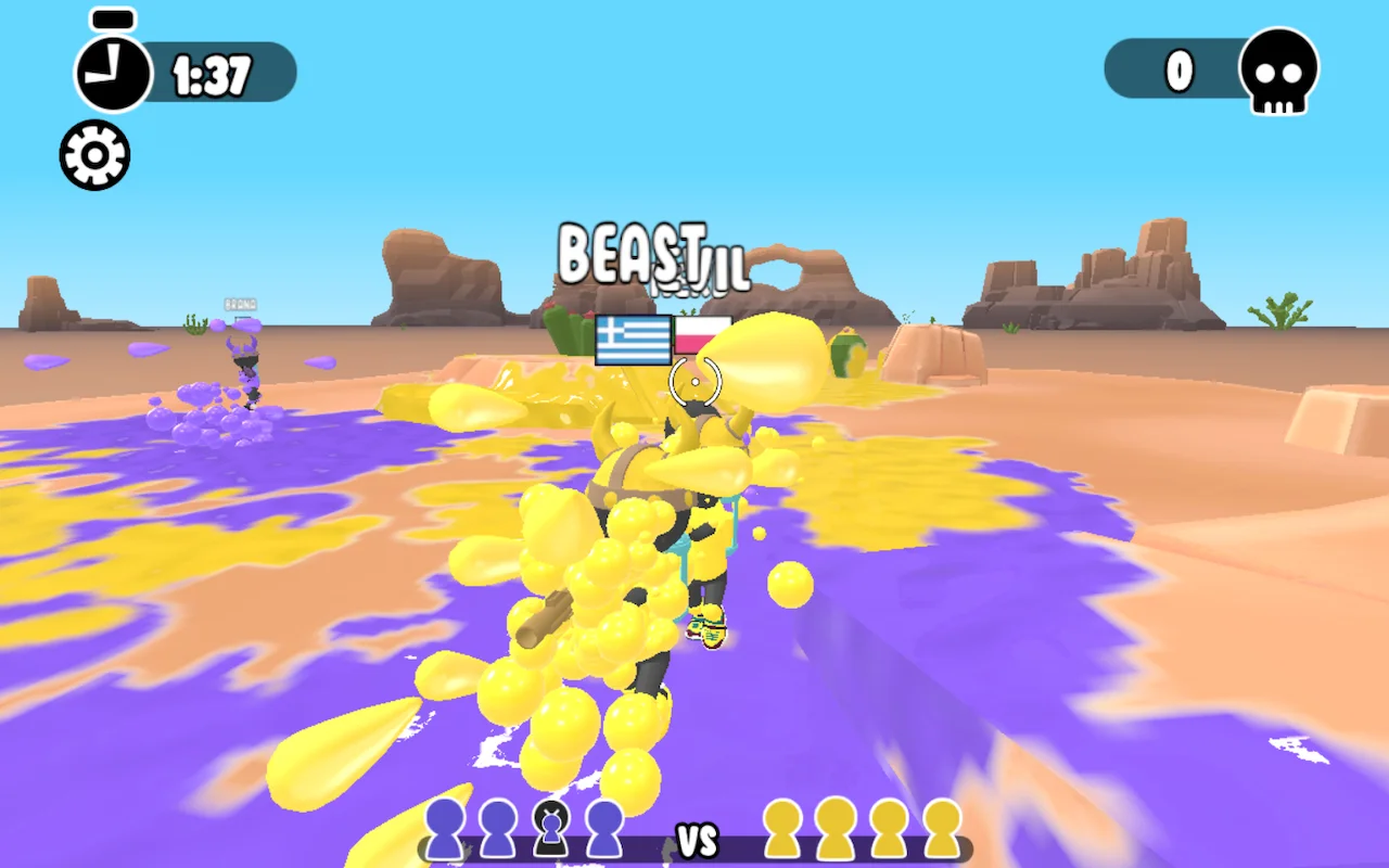 Paint Strike player holding a lane position near colorful cover objects in the arena