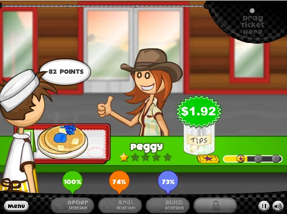 Papa's Pancakeria completed breakfast plate showing pancake stacks with toppings and syrup