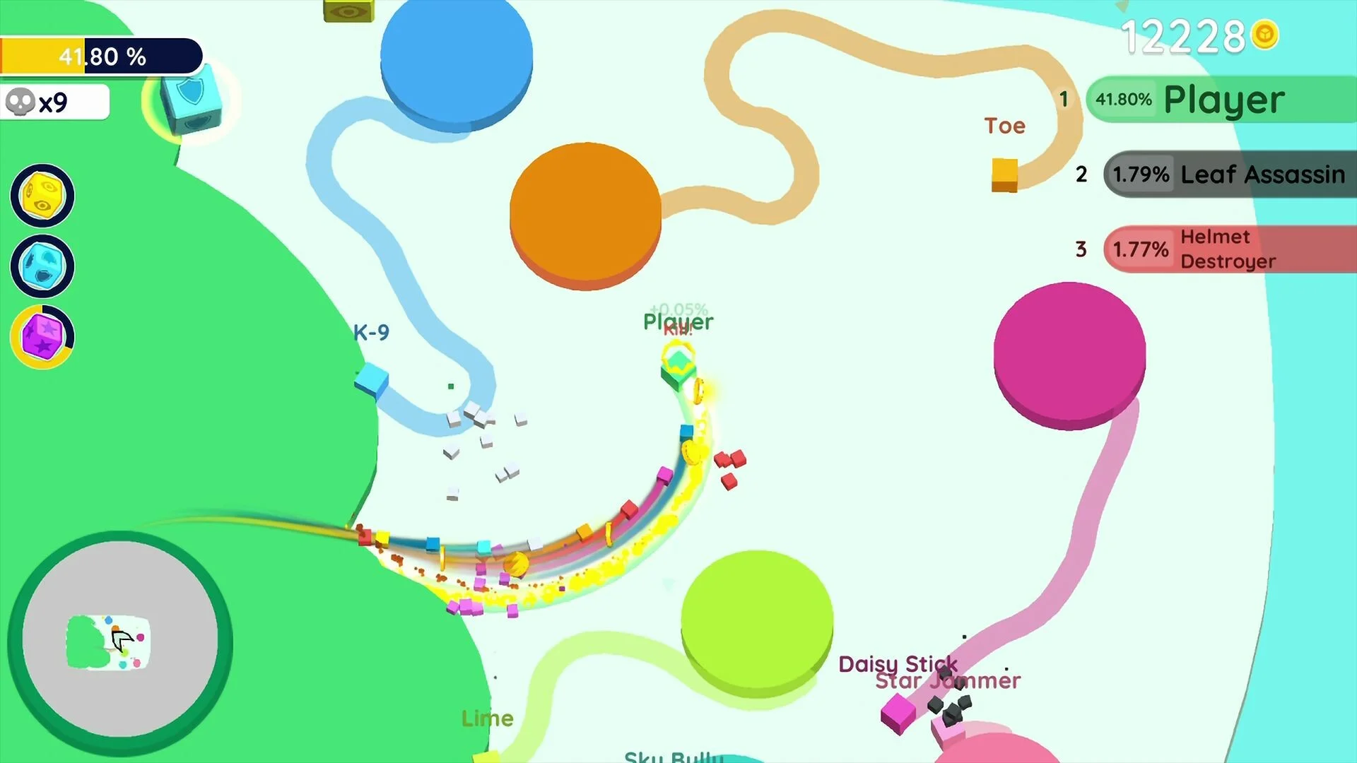 Paper.io player expanding territory with a careful loop while avoiding enemy cuts