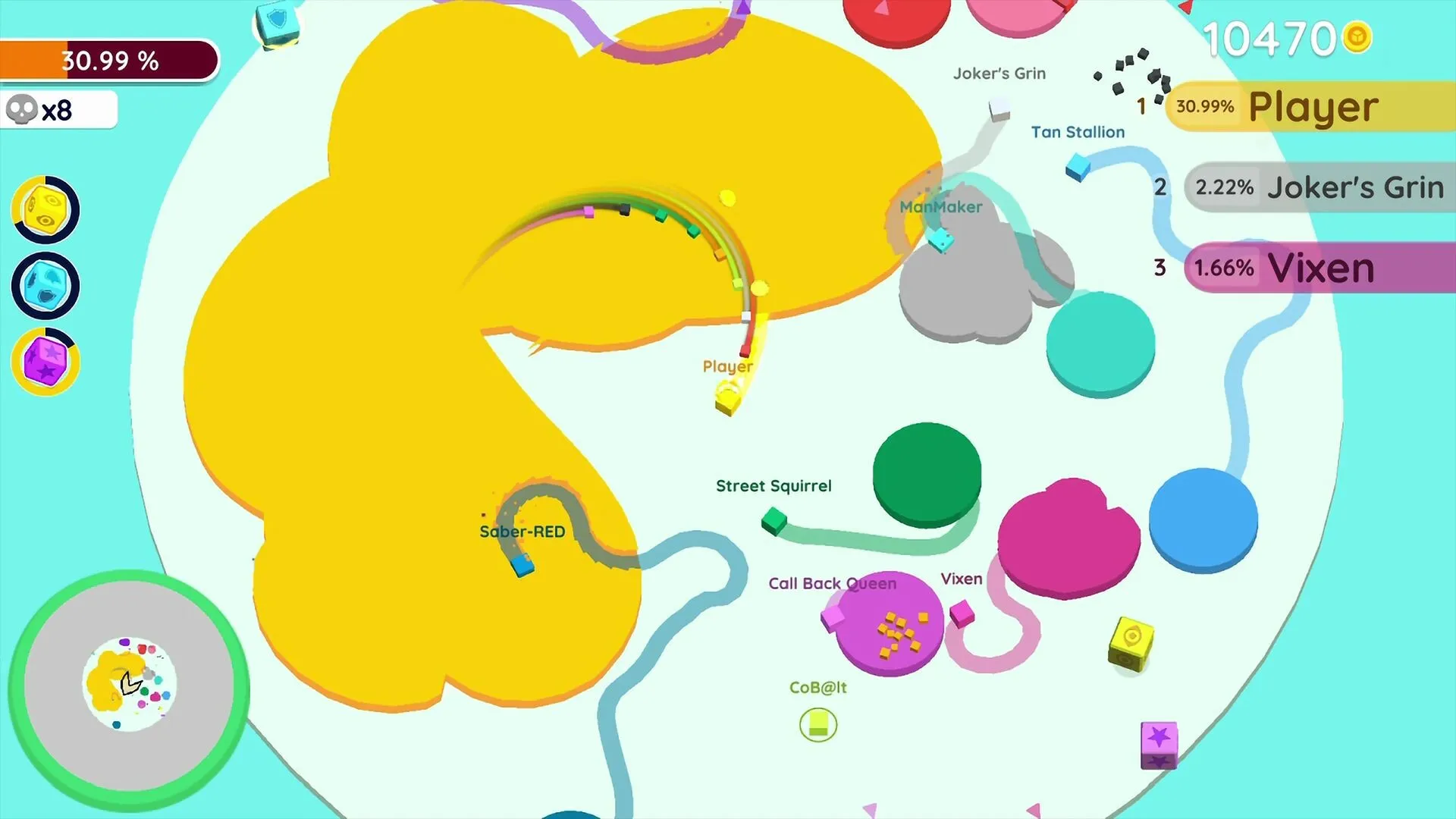 Paper.io match with multiple players competing for territory on a crowded board