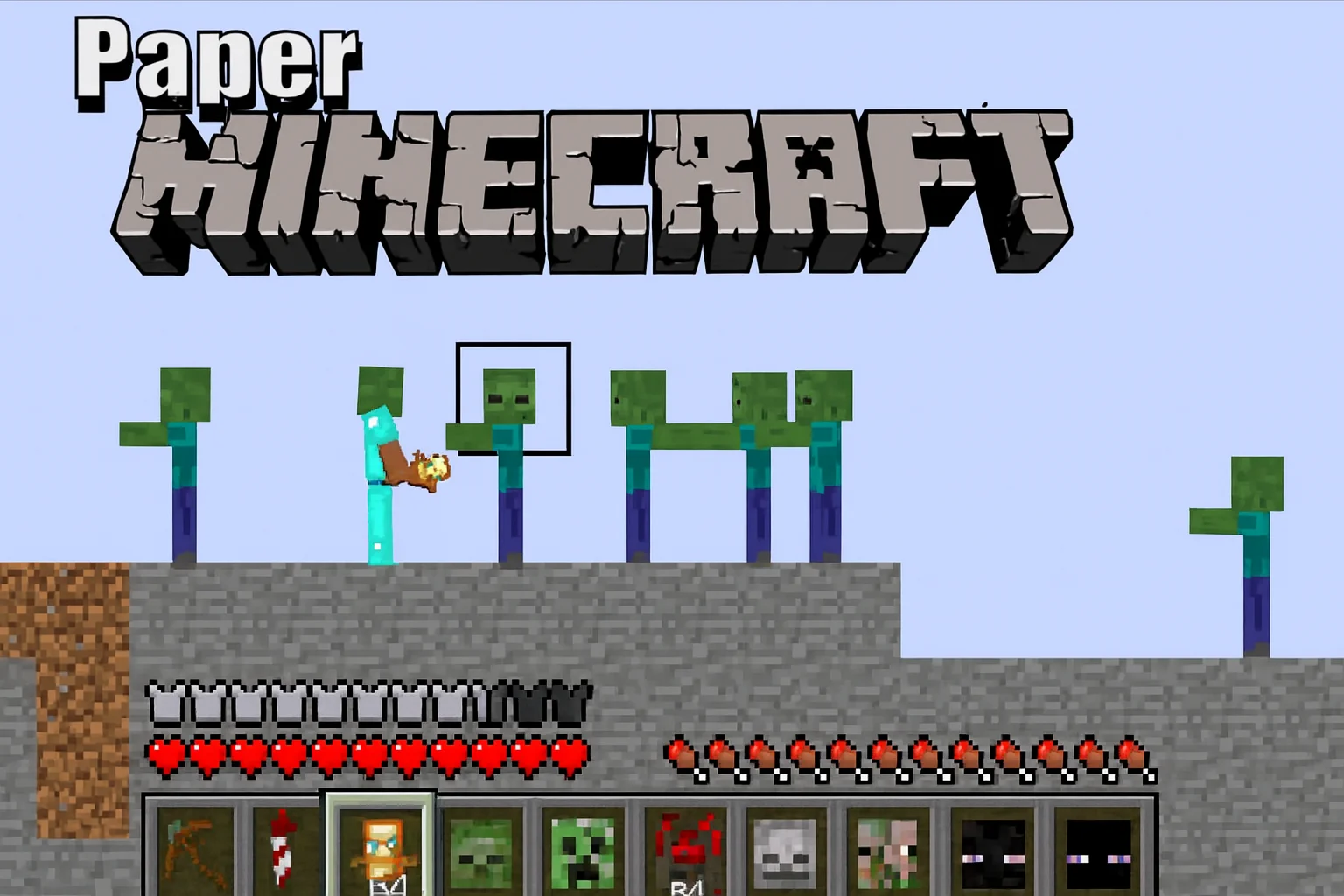 Paper Minecraft player crafting and building in a side-view sandbox environment