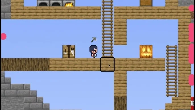 Paper Minecraft 2D world showing mining tunnels, crafted blocks, and player-built structures