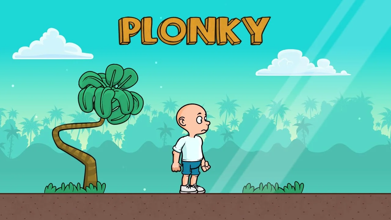 Plonky character navigating a sequence of narrow platforms and hazards