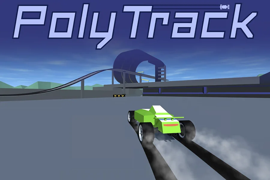 PolyTrack race car accelerating out of a corner on a colorful low-poly track