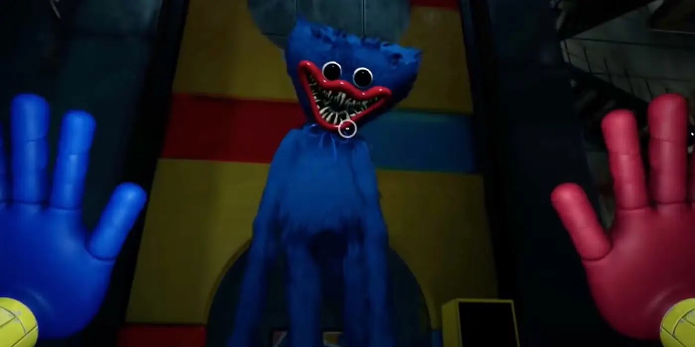 Poppy Playtime scene featuring Huggy Wuggy and puzzle-focused factory exploration