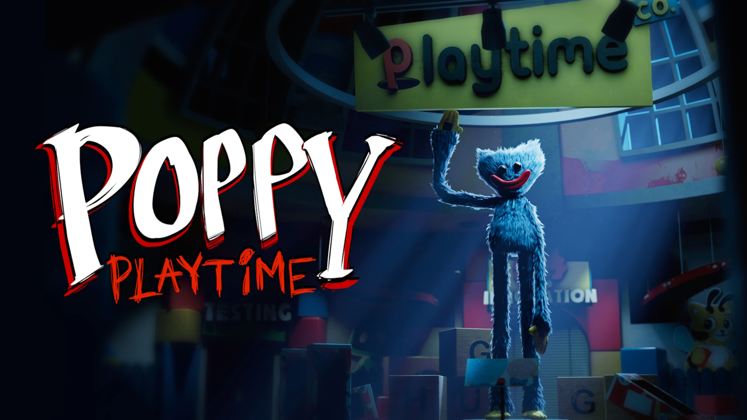 Poppy Playtime factory corridor with GrabPack puzzle interaction and eerie lighting