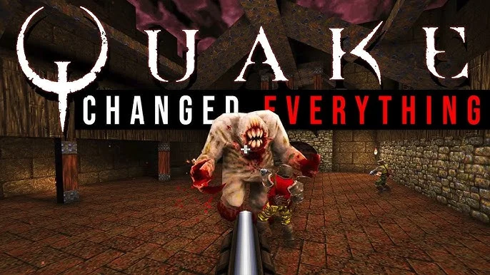 Quake player navigating a dark gothic corridor while preparing for a weapon duel