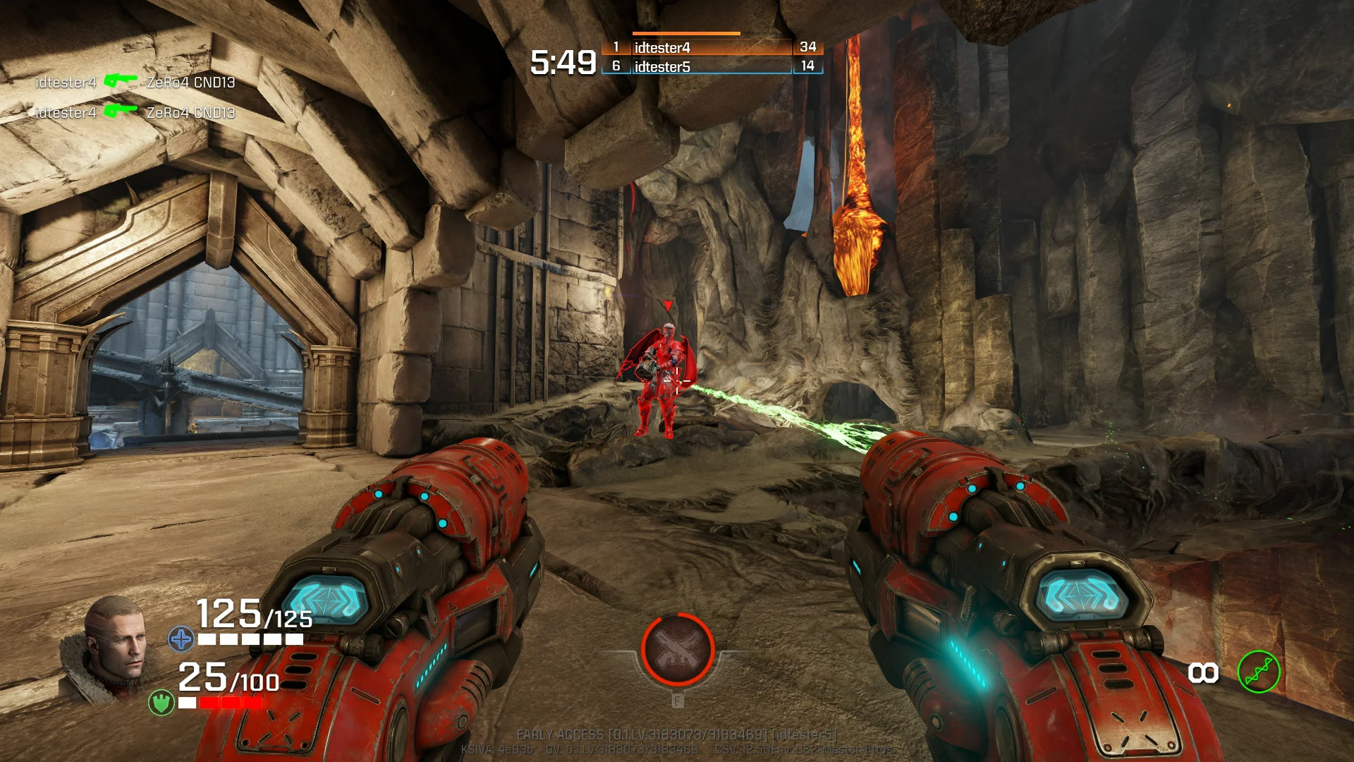 Quake arena firefight with classic weapons and fast movement across industrial map geometry