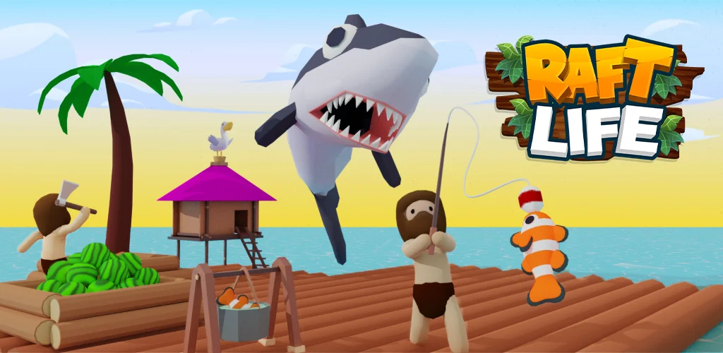 Raft Life early survival scene with fishing, small raft space, and upgrade progression